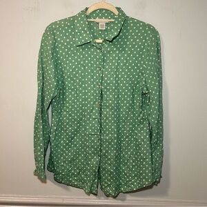 Soft Surroundings 100% Linen Green & White Polka Dot Button Down Long Sleeve Top